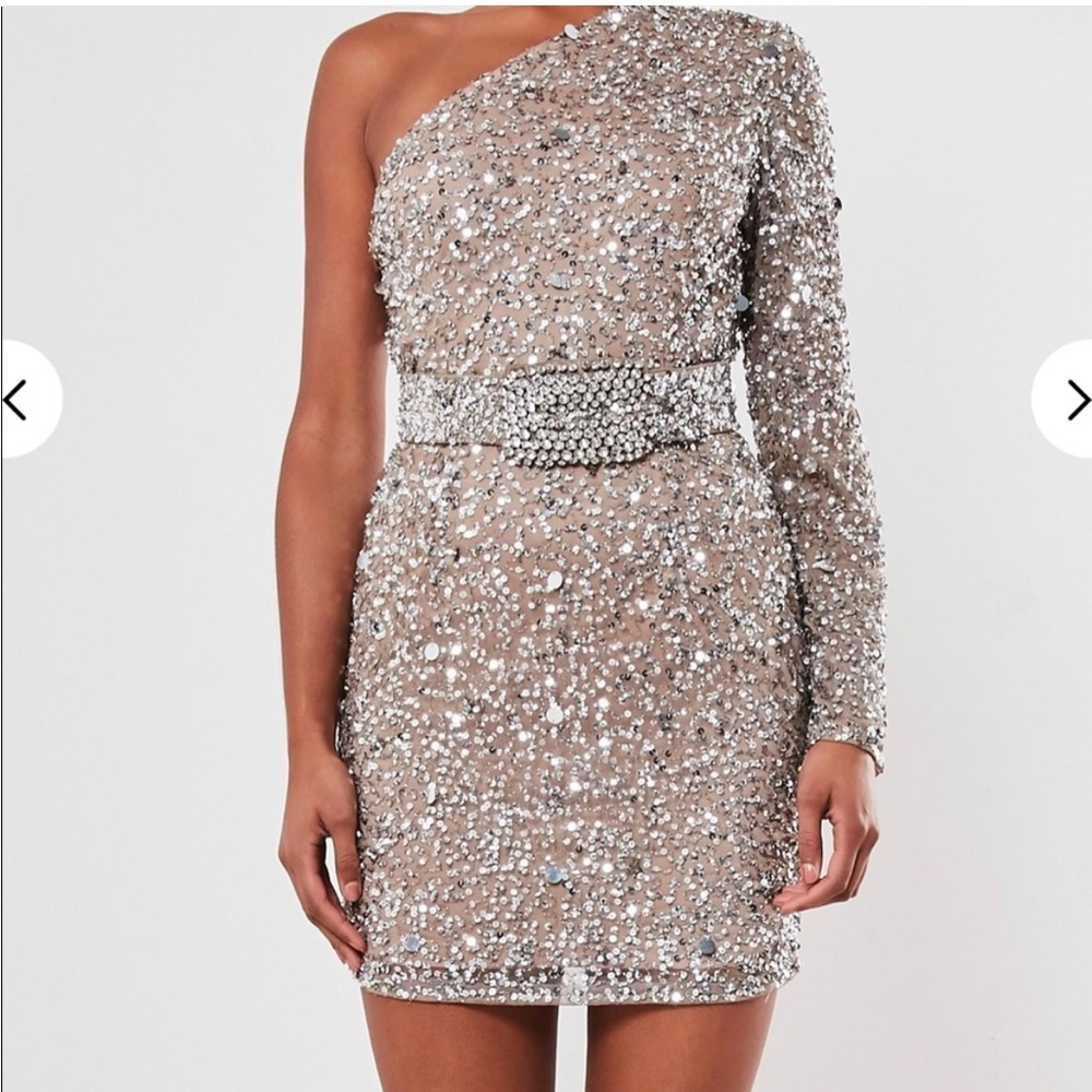 Missguided Peace+Love one shoulder embellished mini dress in silver